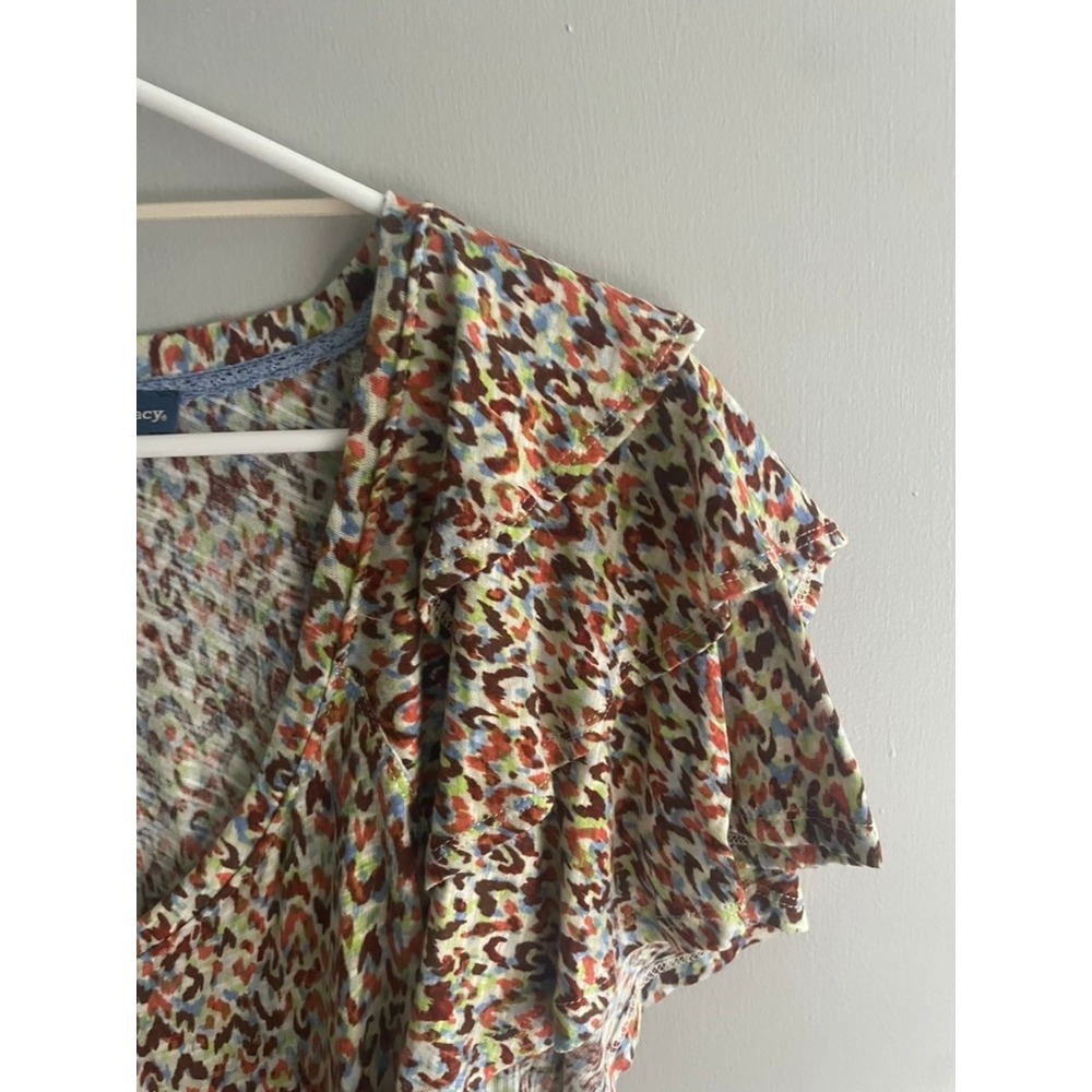 Democracy Women Ruffle Flutter Sleeve V-Neck Abstract Print Top B7140US1E L - Picture 4 of 9